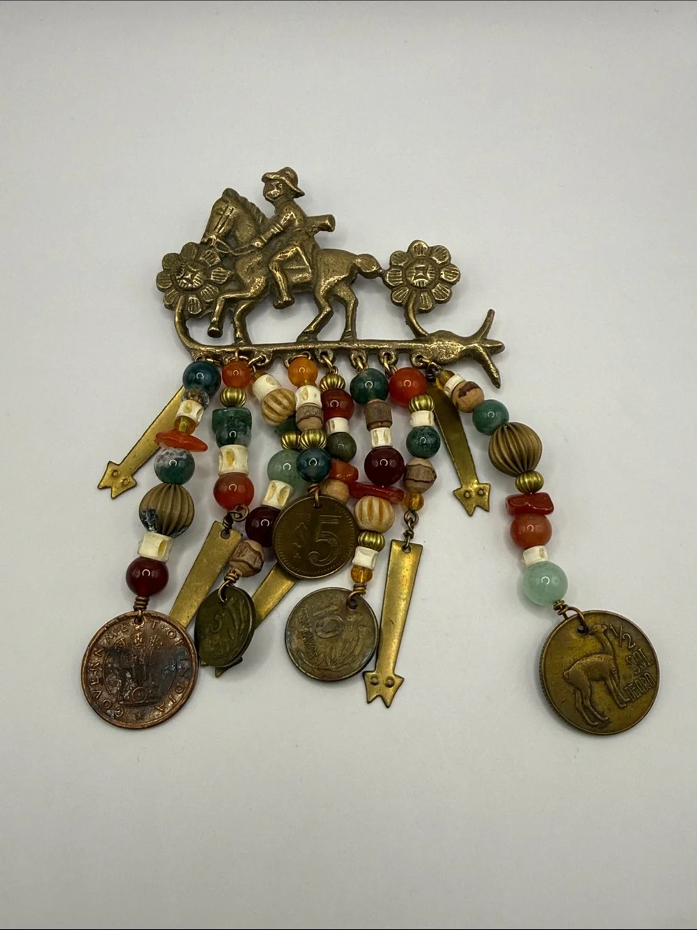 Vintage Gold Tone Beaded Multicolored Large Brooch Pin